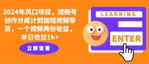 2024年风口项目，视频号创作分成计划加短视频带货，一个视频两份收益，单日收益1k+-中创网_分享创业项目_助您在家赚钱