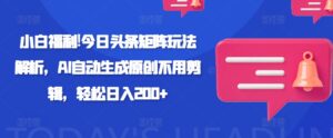 小白福利!今日头条矩阵玩法解析,AI自动生成原创不用剪辑,轻松日入200+-中创网_分享创业项目_助您在家赚钱