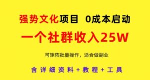 强势文化项目，一个社群收入25个W，0成本启动，可矩阵批量操作，原创详细实操教程-中创网_分享创业项目_助您在家赚钱