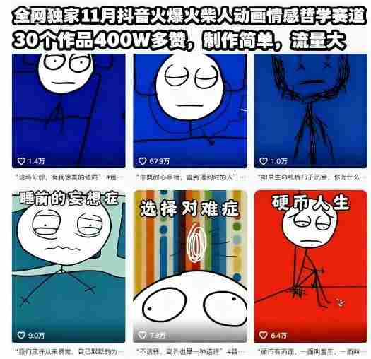 全网独家11月抖音火爆火柴人动画情感哲学赛道，30个作品400W多赞，制作简单，流量大【教学+素材】-中创网_分享创业项目_助您在家赚钱