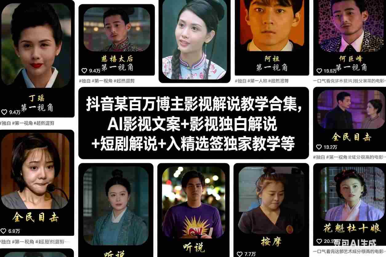 抖音某百万博主影视解说教学合集，AI影视文案+影视独白解说+短剧解说+入精选签独家教学等-中创网_分享创业项目_助您在家赚钱