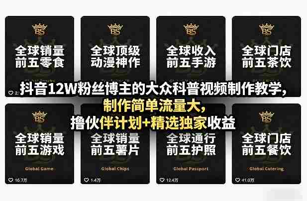 抖音12W粉丝博主的大众科普视频制作教学,制作简单流量大,撸伙伴计划+精选独家收益