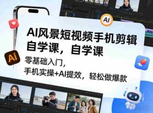 AI风景短视频手机剪辑自学课,零基础入门,手机实操+AI提效,轻松做爆款-中创网_分享创业项目_助您在家赚钱