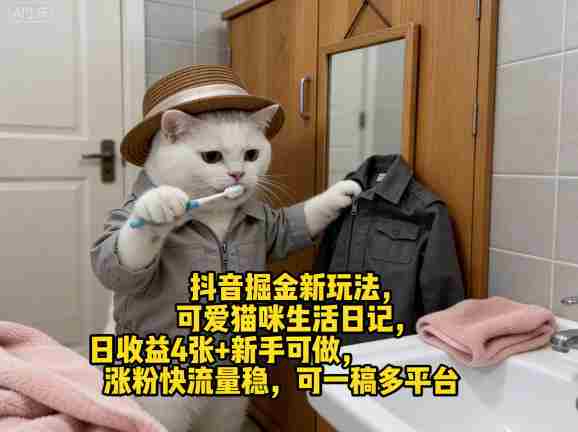抖音掘金新玩法,可爱猫咪生活日记,日收益4张+新手可做,涨粉快流量稳,可一稿多平台