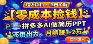 零成本捡钱，拼多多AI做简历PPT，不用出力，月躺赚1-2万-中创网_分享创业项目_助您在家赚钱