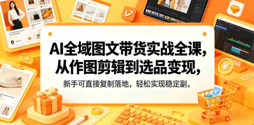 AI全域图文带货实战全课,从作图剪辑到选品变现,新手可直接复制落地,轻松实现稳定副业增收