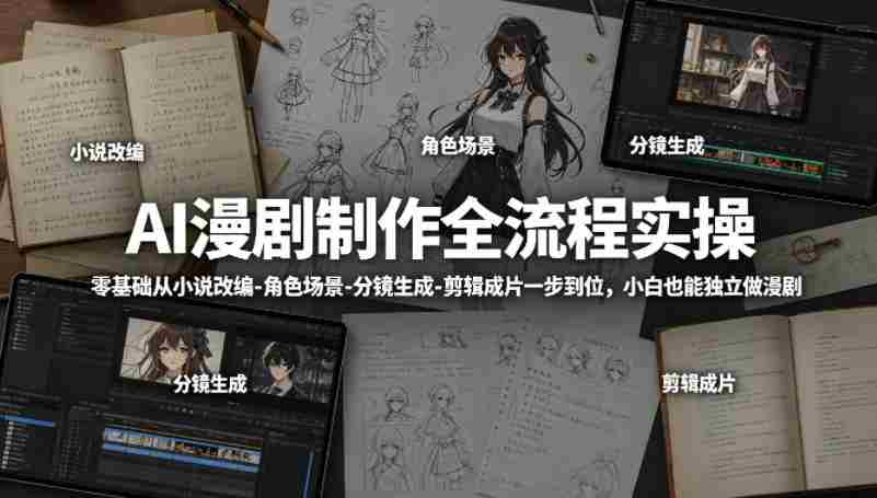 AI漫剧制作全流程实操,零基础从小说改编-角色场景-分镜生成-剪辑成片一步到位,小白也能独立做漫剧