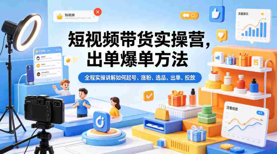 短视频带货实操营,出单爆单方法,全程实操讲解如何起号、涨粉、选品、出单、投放