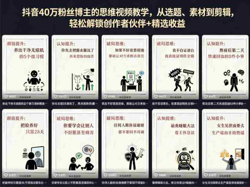 抖音40W粉丝博主的思维视频教学,从选题、素材到剪辑,轻松解锁创作者伙伴+精选收益