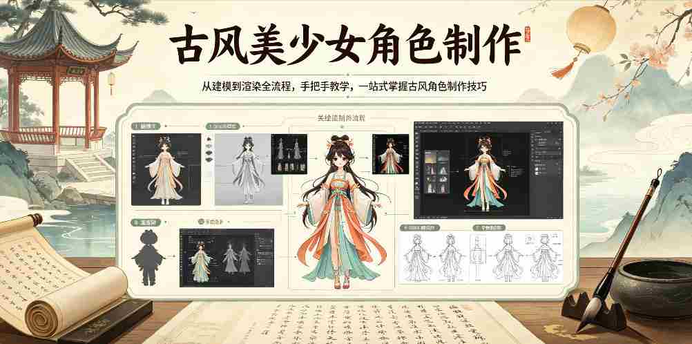 古风美少女角色制作,从建模到渲染全流程,手把手教学,一站式掌握古风角色制作技巧