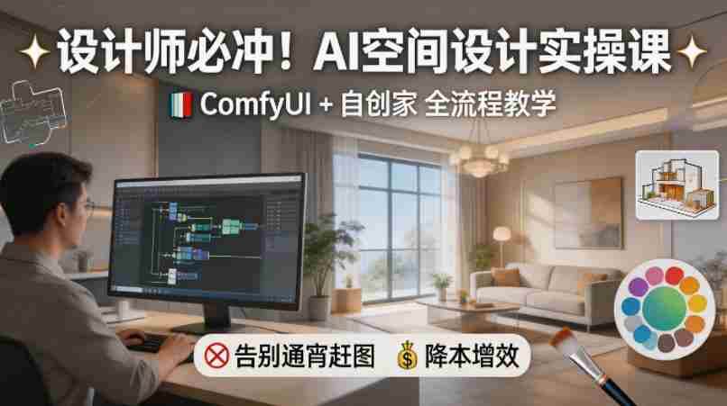 设计师必冲!AI空间设计实操课,ComfyUI+自创家全教学,告别通宵赶图,降本增效