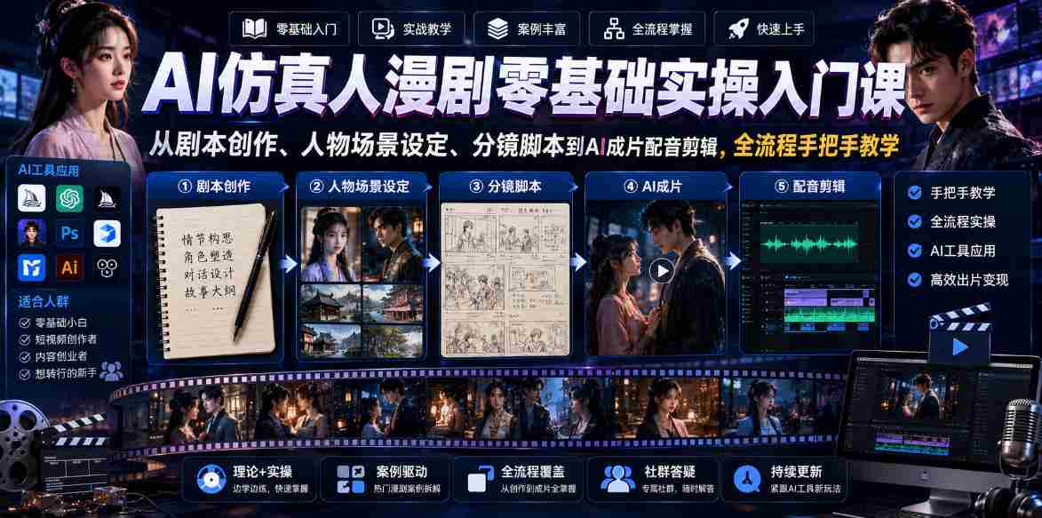 AI仿真人漫剧零基础实操入门课,从剧本创作、人物场景设定、分镜脚本到AI成片配音剪辑,全流程手把手教学