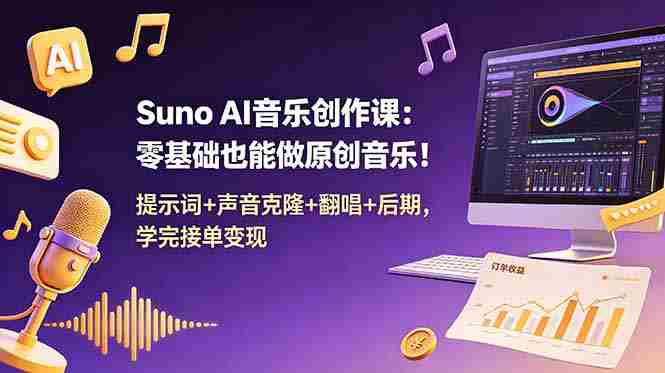 （18945期） Suno AI音乐创作课：零基础也能做原创音乐！提示词+声音克隆+翻唱+后期，学完接单变现-中创网_分享创业项目_助您在家赚钱