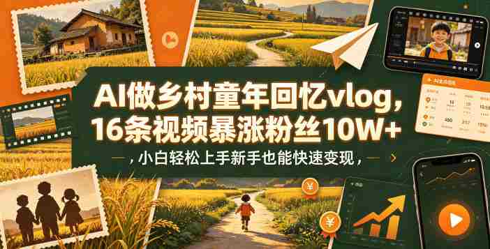 AI做乡村童年回忆vlog,16条视频暴涨粉丝10W+,小白轻松上手新手也能快速变现