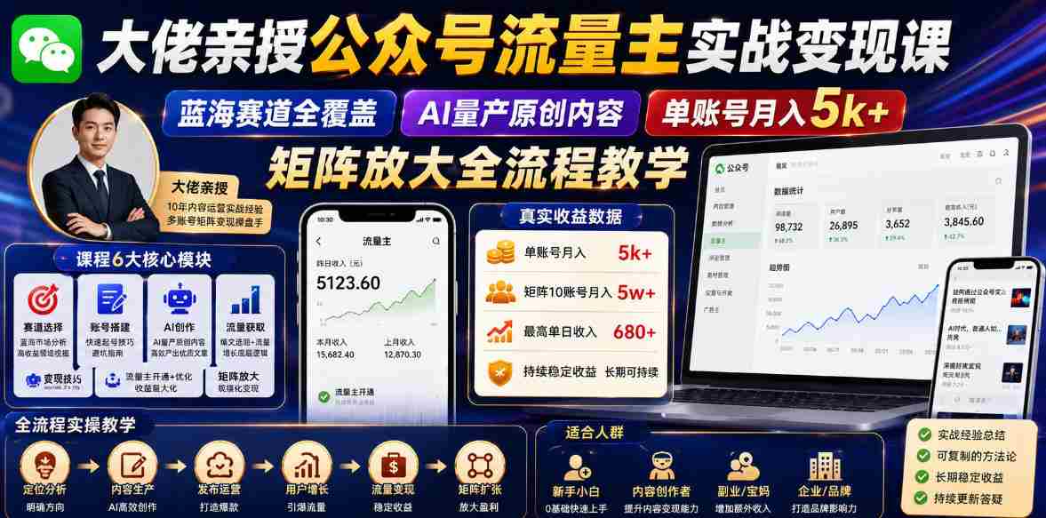 大佬亲授公众号流量主实战变现课,蓝海赛道全覆盖,AI量产原创内容,单账号月入5k+矩阵放大全流程教学