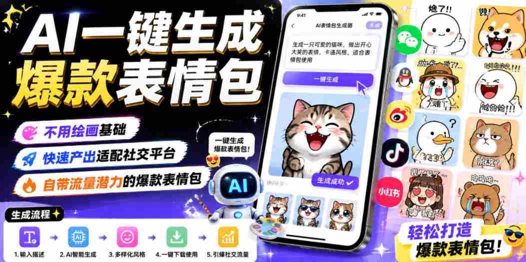 AI一键生成爆款表情包，不用绘画基础，快速产出适配社交平台，自带流量潜力的爆款表情包-中创网_分享创业项目_助您在家赚钱