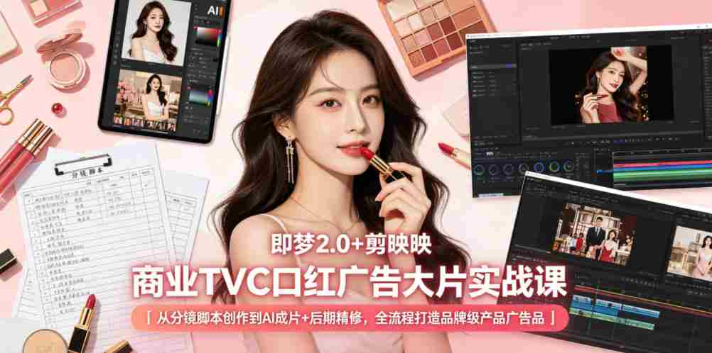 即梦2.0+剪映商业TVC口红广告大片实战课|从分镜脚本创作到AI成片+后期精修,全流程打造品牌级产品广告
