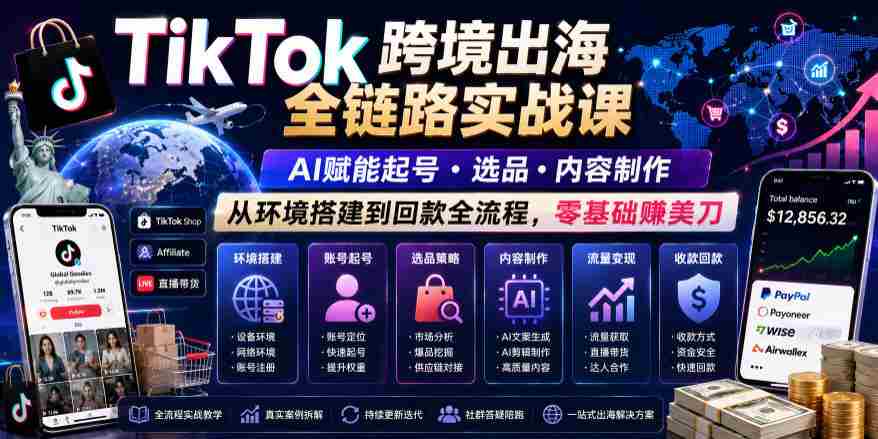 TikTok跨境出海全链路实战课,AI赋能起号・选品・内容制作,从环境搭建到回款全流程,零基础賺美刀