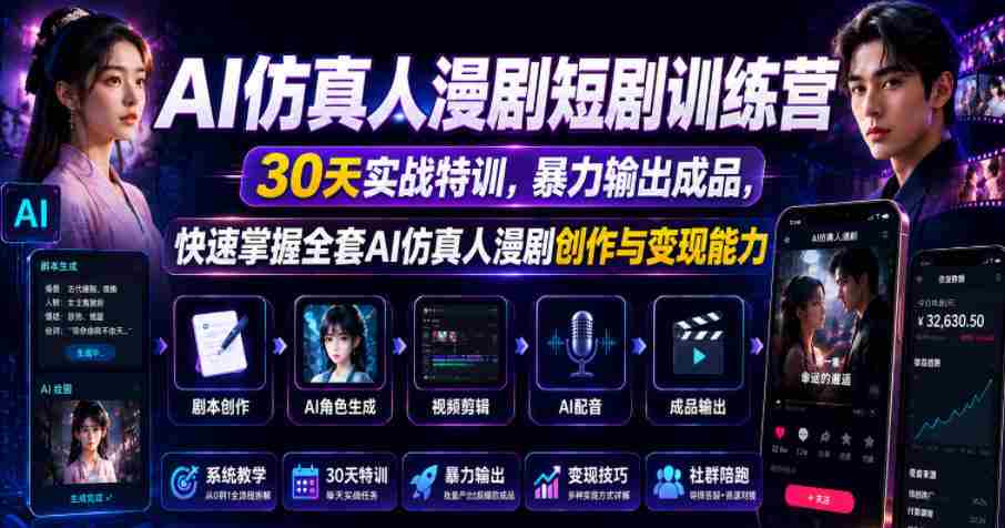 AI仿真人漫剧短剧训练营,30天实战特训,暴力输出成品,快速掌握全套AI仿真人漫剧创作与变现能力