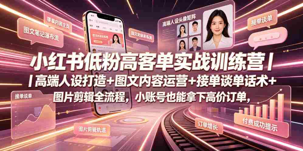 小红书低粉高客单实战训练营|高端人设打造+图文内容运营+接单谈单话术+图片剪辑全流程,小账号也能拿下高价订单