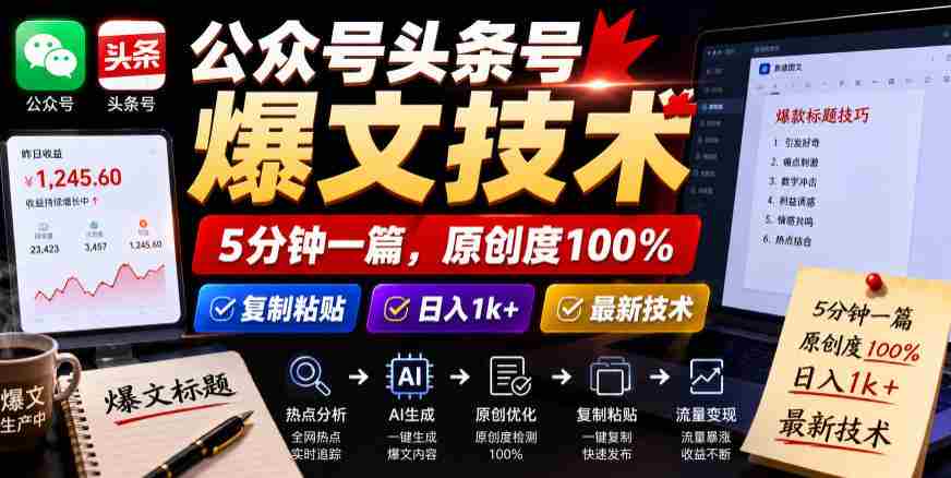 公众号头条号爆文技术,5分钟一篇,原创度100%,复制粘贴,日入1k+,最新技术【揭秘】