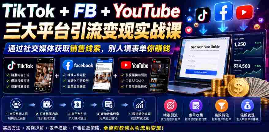 TikTok+FB+YouTube三大平台引流变现实战课，通过社交媒体获取销售线索，别人填表单你賺钱【原创双语字幕】-中创网_分享创业项目_助您在家赚钱
