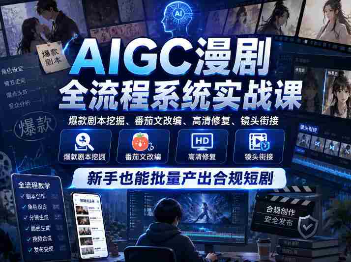 AIGC漫剧全流程系统实战课,爆款剧本挖掘、番茄文改编、高清修复、镜头衔接,新手也能批量产出合规短剧