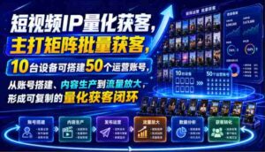 短视频IP量化获客,主打矩阵批量获客,10台设备可搭建50个运营账号,从账号搭建、内容生产到流量放大,形成可复制的量化获客闭环-中创网_分享创业项目_助您在家赚钱