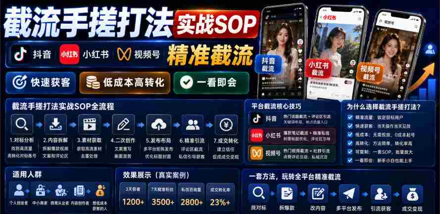 截流手搓打法实战SOP,抖音小红书视频号精准截流,快速获客,低成本高转化,一看即会