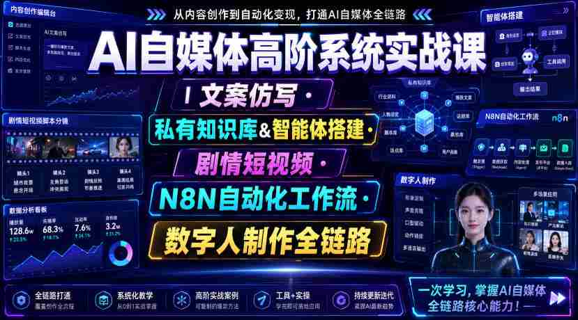 AI自媒体高阶系统实战课|文案仿写・私有知识库&智能体搭建・剧情短视频・N8N自动化工作流・数字人制作全链路