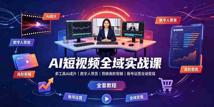 AI短视频全域实战课|多工具AI成片、数字人带货、剪映高阶剪辑、账号运营全域变现全套教程