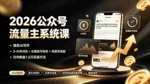 (19405期)2026公众号流量主系统课:独家AI写作×0-AI率润色×批量做号隔离×高爆率选题,日均收益1.6万实操方法-中创网_分享创业项目_助您在家赚钱
