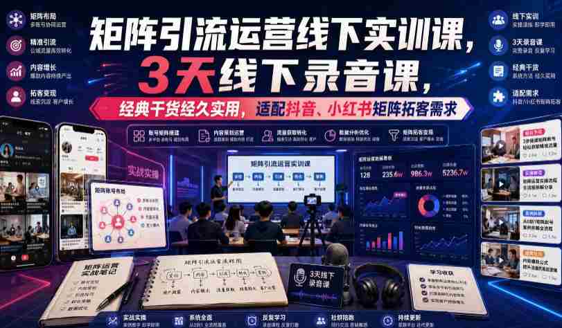 嗨推矩阵引流运营线下实训课，3天线下录音课，经典干货经久实用，适配抖音、小红书矩阵拓客需求-中创网_分享创业项目_助您在家赚钱