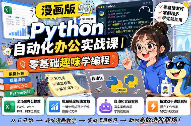 漫画版Python自动化办公实战课|零基础趣味学编程,全场景办公提效、批量搞定报表文档、解放双手进阶职场