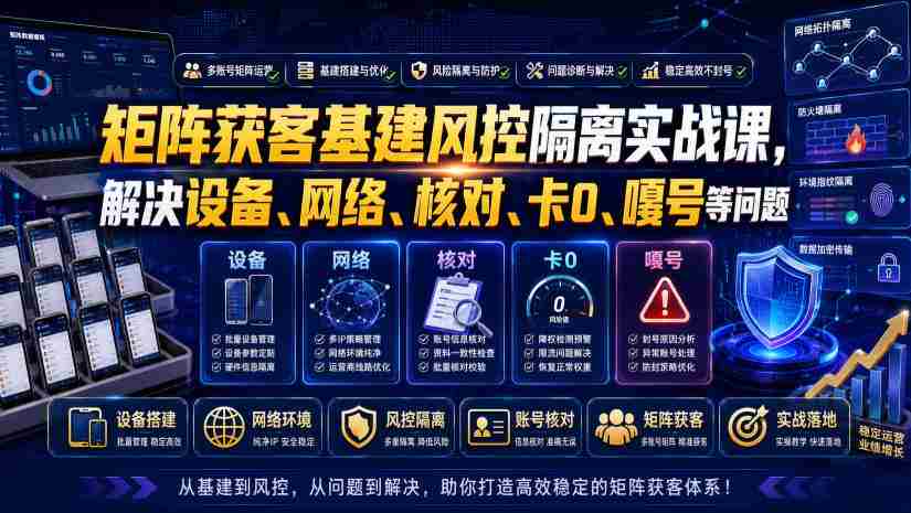 矩阵获客基建风控隔离实战课,解决设备、网络、核对、卡0、嘎号等问题