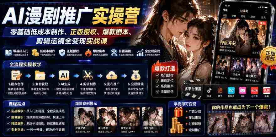AI漫剧推广实操营|零基础低成本制作、正版授权、爆款剧本、剪辑运镜全变现实战课