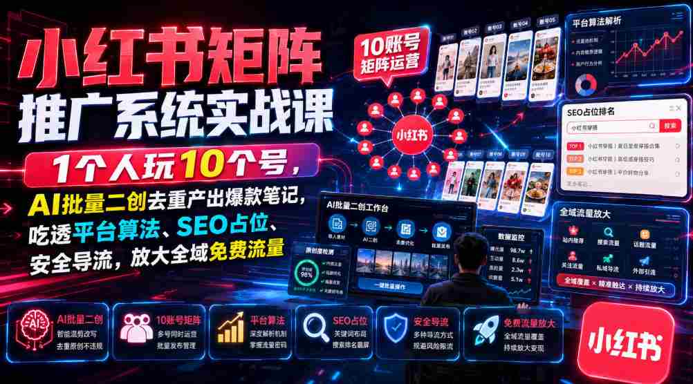 小红书矩阵推广系统实战课｜1个人玩10个号，AI批量二创去重产出爆款笔记，吃透平台算法、SEO占位、安全导流，放大全域免费流量-中创网_分享创业项目_助您在家赚钱