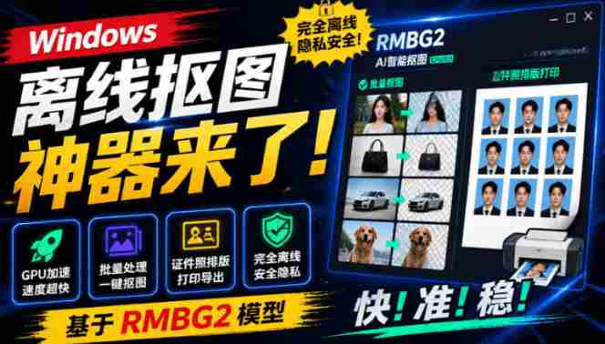 Windows离线抠图神器来了！支持批量抠图+证件照排版打印，基于RMBG2模型，GPU加速方块AI抠图-中创网_分享创业项目_助您在家赚钱