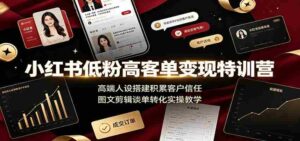 小红书低粉高客单变现特训营:高端人设搭建积累客户信任,图文剪辑谈单转化实操教学-中创网_分享创业项目_助您在家赚钱