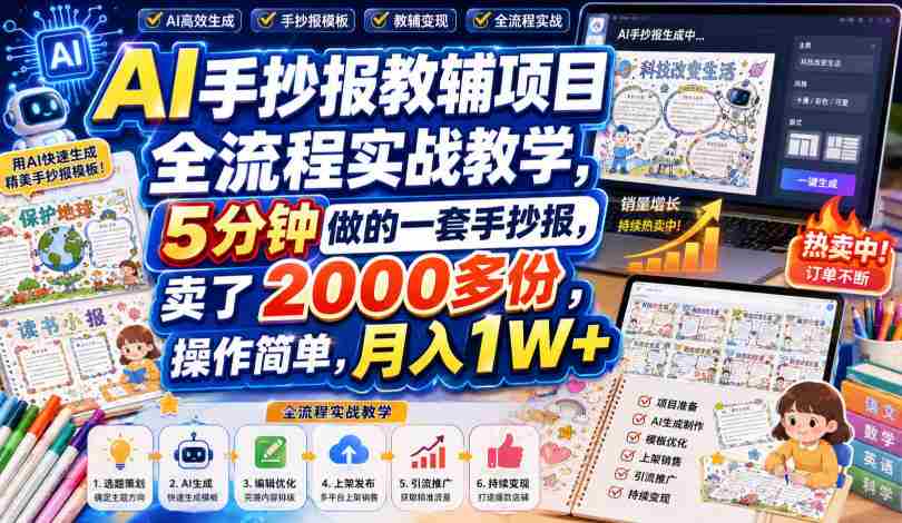AI手抄报教辅项目全流程实战教学，5分钟做的一套手抄报，卖了2000多份，操作简单，月入1W+-中创网_分享创业项目_助您在家赚钱