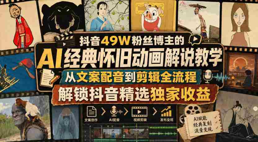 抖音49W粉丝博主的AI经典怀旧动画解说教学,从文案配音到剪辑全流程,解锁抖音精选独家收益