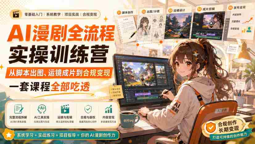 AI漫剧全流程实操训练营,从脚本出图、运镜成片到合规变现,一套课程全部吃透