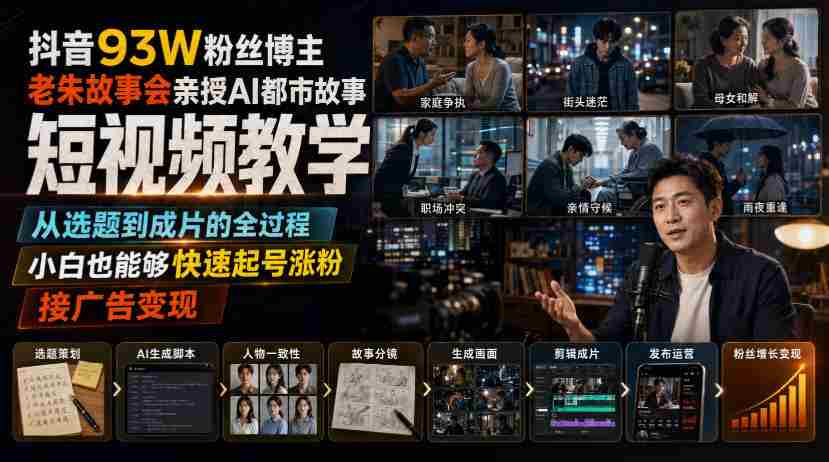 抖音93W粉丝博主老朱故事会亲授AI都市故事短视频教学,从选题到成片的全过程,小白也能够快速起号涨粉接广告变现