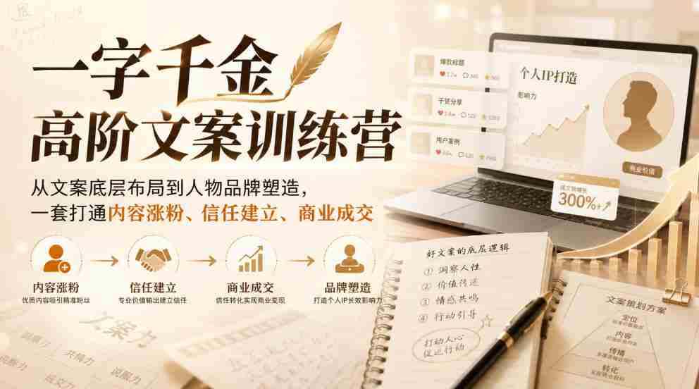 一字千金高阶文案训练营，从文案底层布局到人物品牌塑造，一套打通内容涨粉、信任建立、商业成交-中创网_分享创业项目_助您在家赚钱