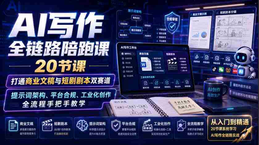 AI写作全链路陪跑课｜20节课打通商业文稿与短剧剧本双赛道，提示词架构、平台合规、工业化创作全流程手把手教学-中创网_分享创业项目_助您在家赚钱