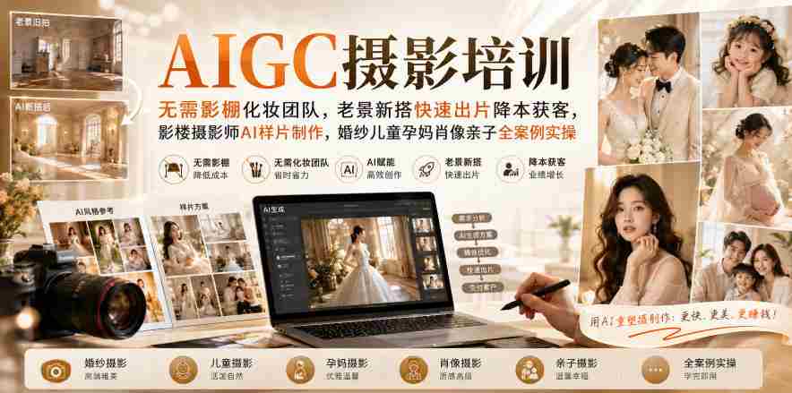 AIGC摄影培训｜无需影棚化妆团队，老景新搭快速出片降本获客，影楼摄影师AI样片制作，婚纱儿童孕妈肖像亲子全案例实操-中创网_分享创业项目_助您在家赚钱