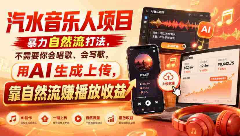 汽水音乐人项目，暴力自然流打法，不需要你会唱歌、会写歌，用AI生成上传，靠自然流賺播放收益-中创网_分享创业项目_助您在家赚钱
