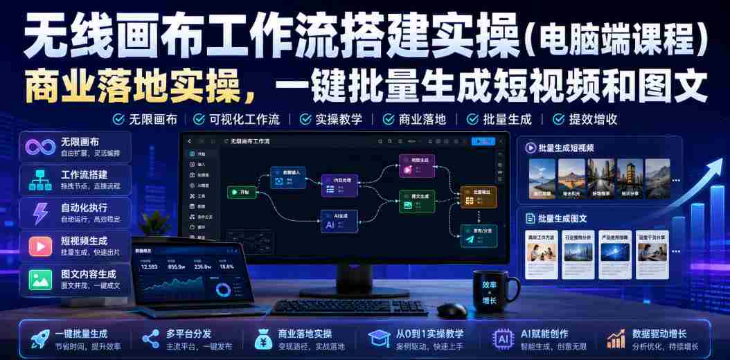 无线画布工作流搭建实操(电脑端课程),商业落地实操,一键批量生成短视频和图文