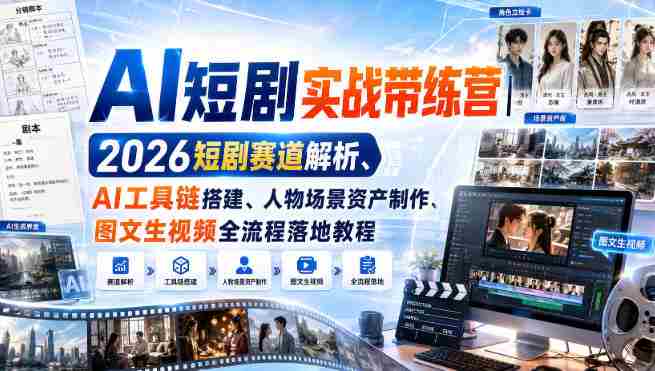 AI短剧实战带练营|2026短剧赛道解析、AI工具链搭建、人物场景资产制作、图文生视频全流程落地教程