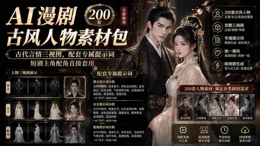 （19693期）AI漫剧古风人物素材包+提示词｜200 套古代言情三视图，配套专属提示词短剧主角配角直接套用-中创网_分享创业项目_助您在家赚钱